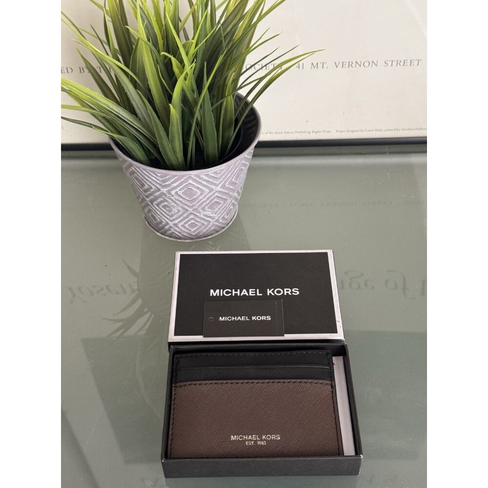 MICHAEL KORS Andy Men Genuine Leather Card Case Wallet Brown/Black